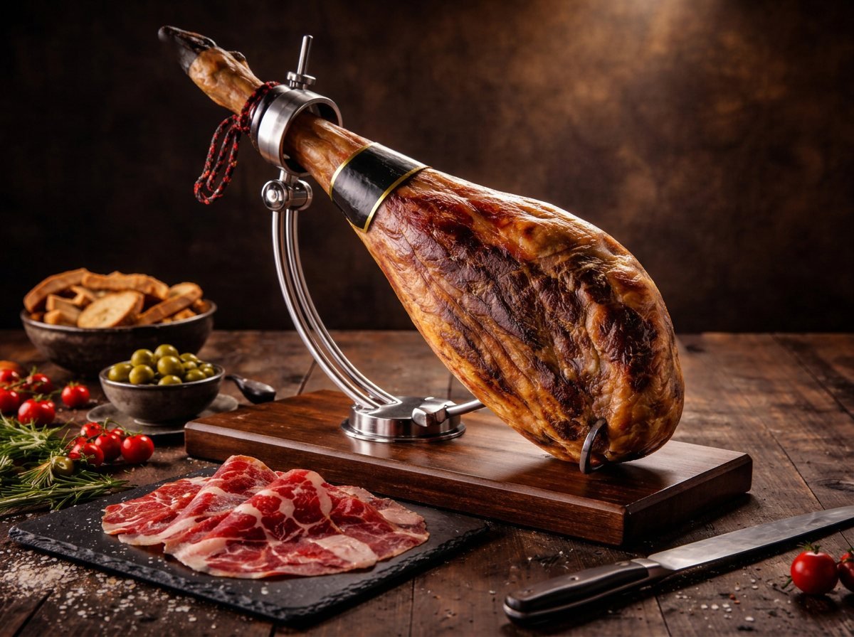 A whole leg of jamón ibérico on a carving stand, with hand-cut slices on slate
